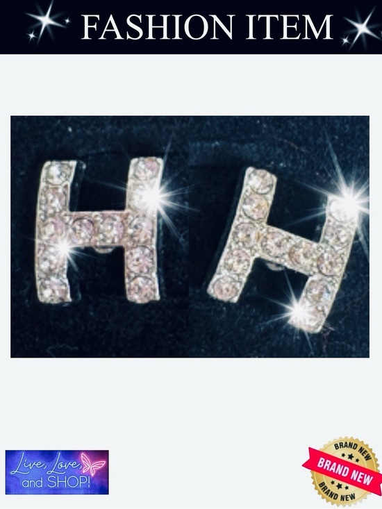 Source Unknown Jewelry - A-1DC-34: EARRINGS: Letter “H” Silver w/Rhinestones, NWOT